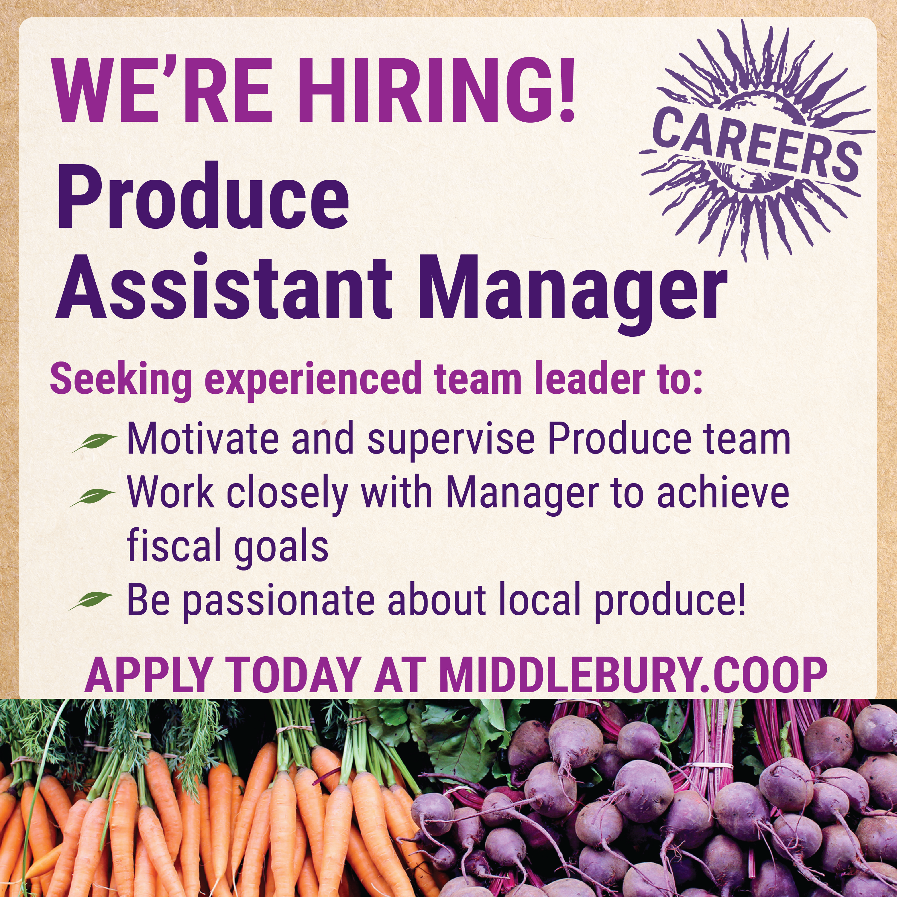 Carrots and beets decorating a job listing for produce assistant manager