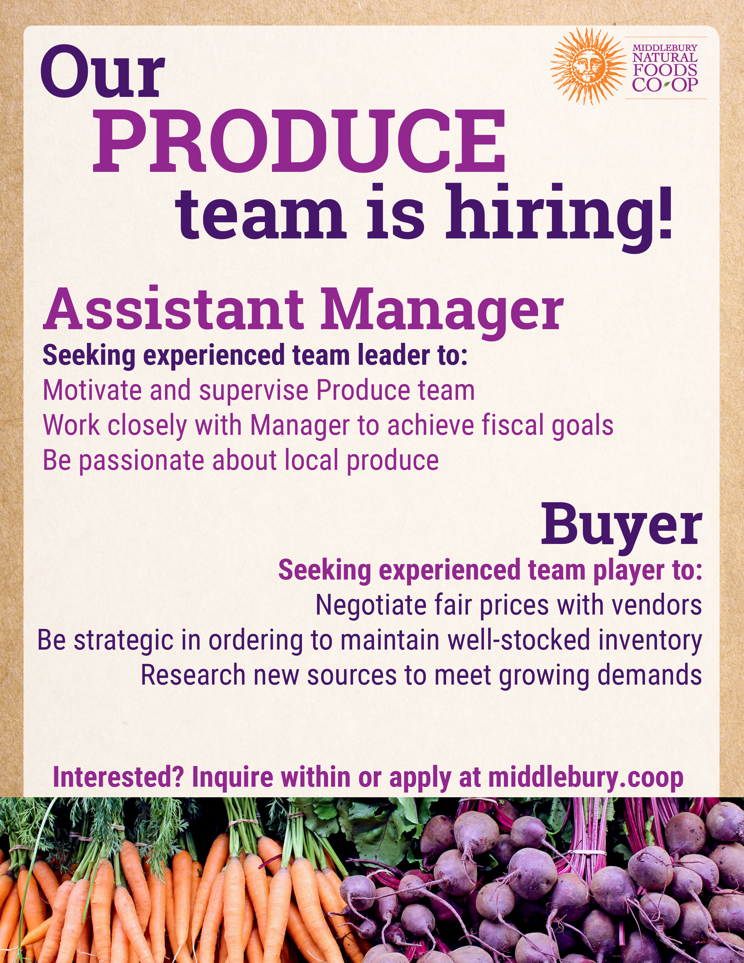 Carrots and beets along with job descriptions for assistant manager and buyer positions