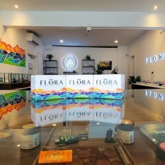 Branded boxes of flora cannabis sitting on a glass counter