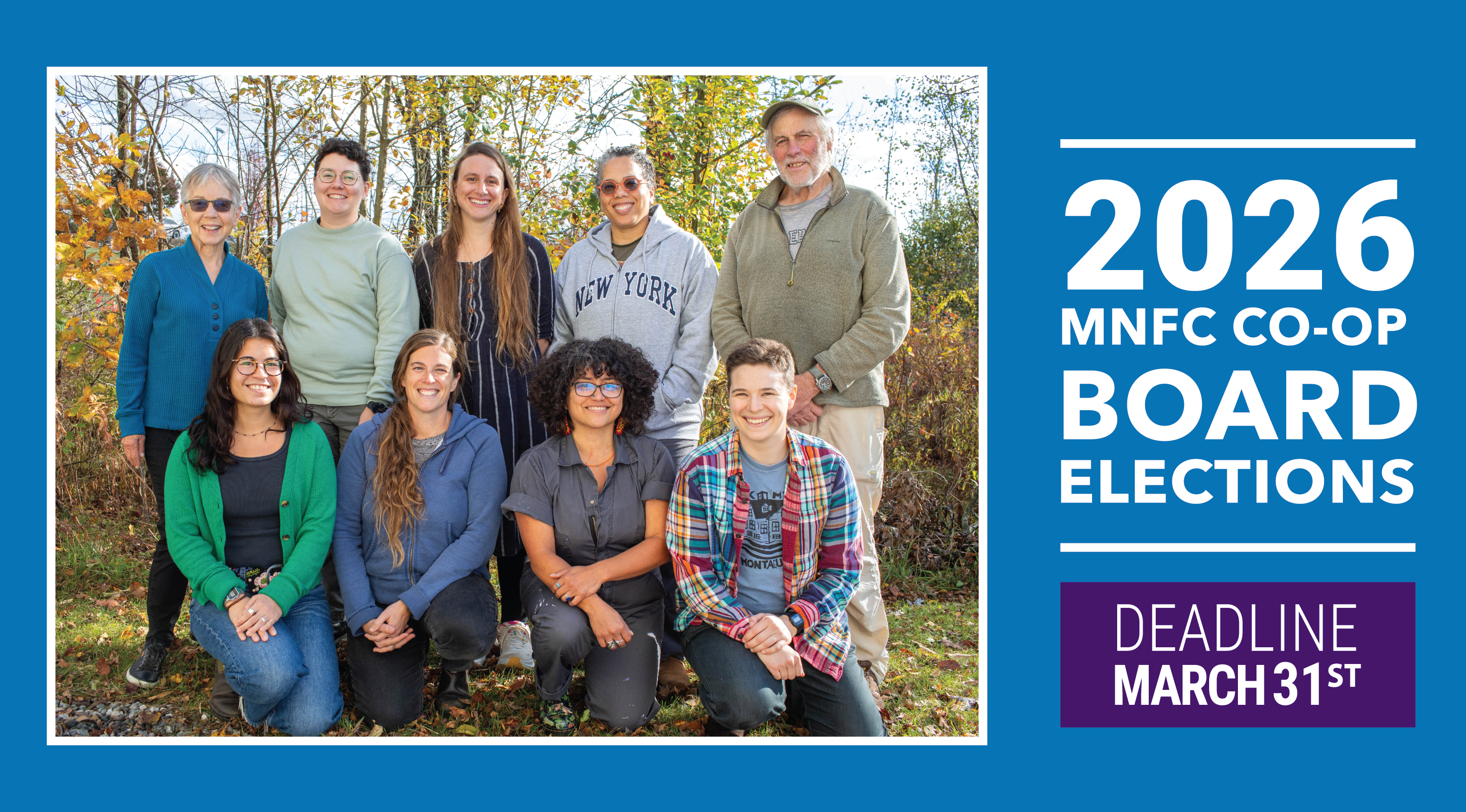 photo of board members with text encouraging people to run for the board