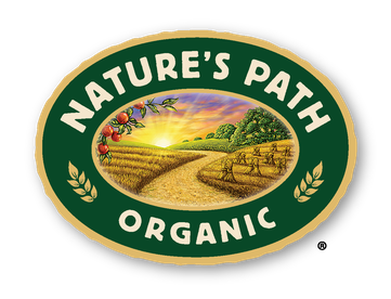 Nature's Path logo with colorful sunset behind a brick outdoor path