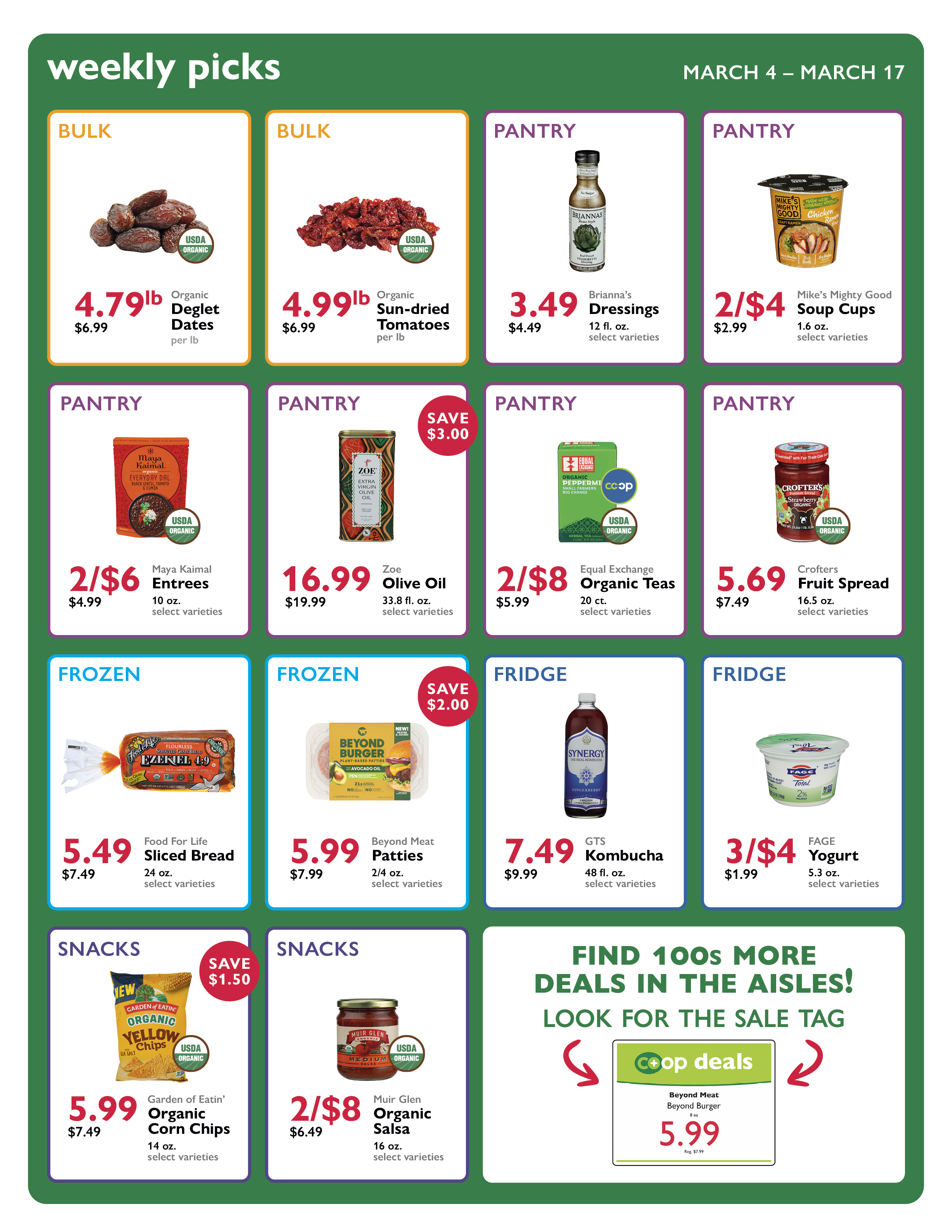 A flyer featuring 14 weekly sale item selections from the Middlebury Co-op