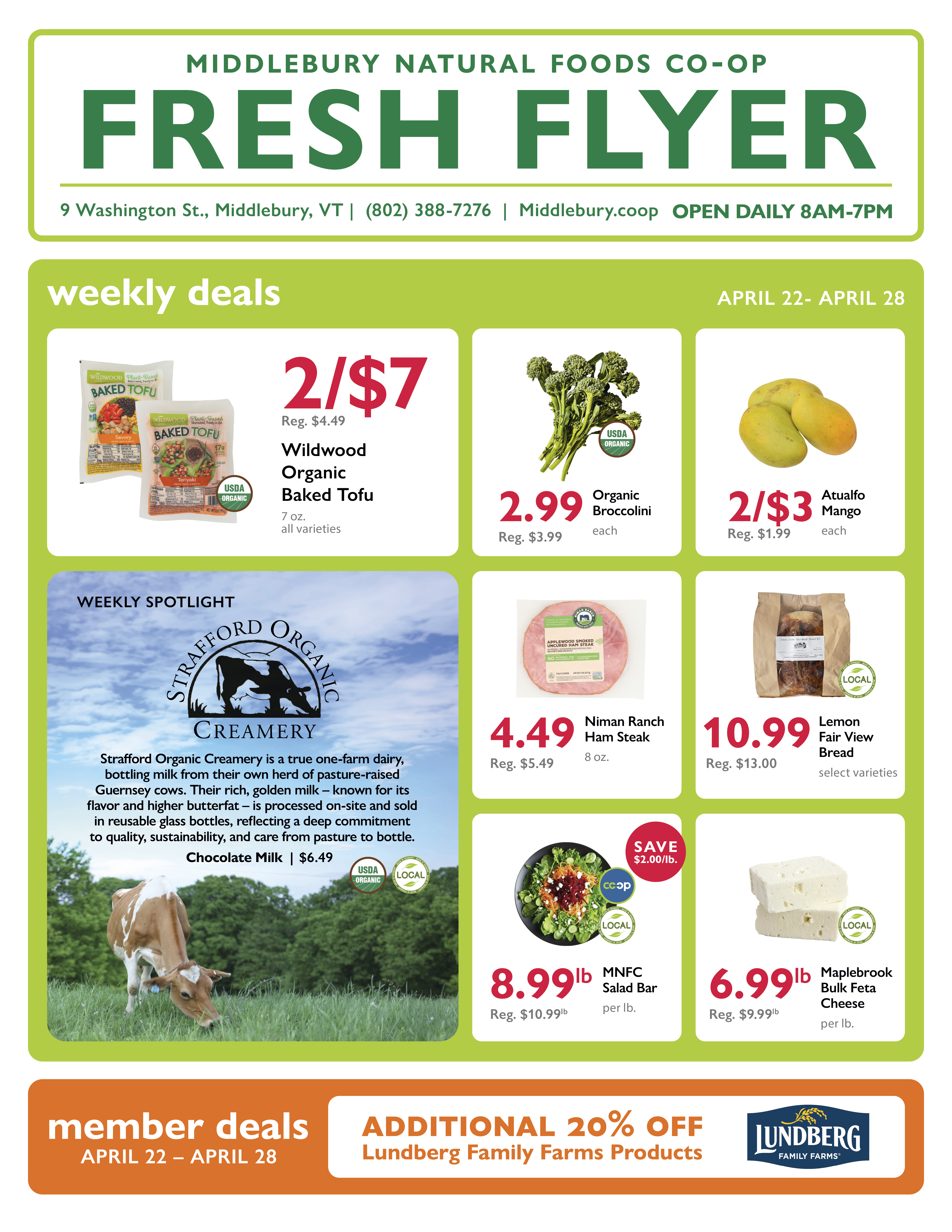 Weekly on sale items at Middlebury Natural Foods Co-op for April 22 through April 28.