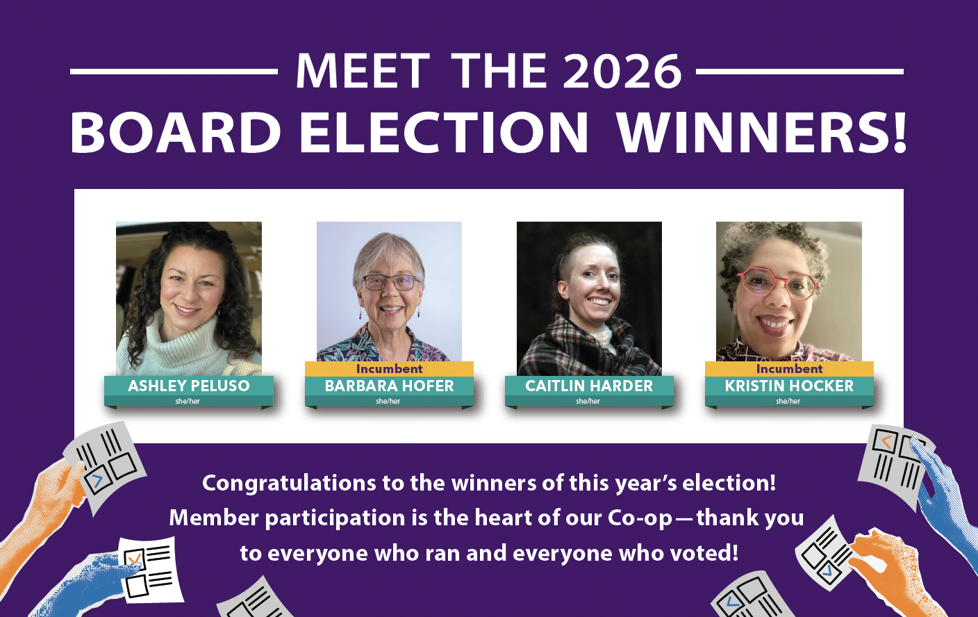 Banner showing 4 board election winners