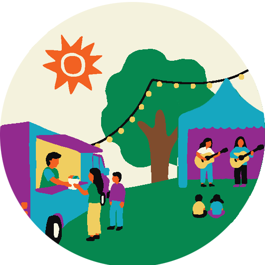 illustration of people getting food at a food truck with people on stage in background with guitars and two children watching