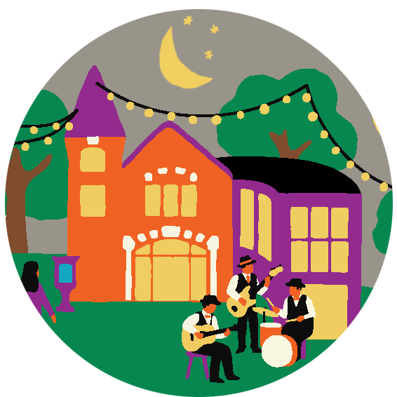 A jazz trio plays outside of the town hall theatre under a crescent moon