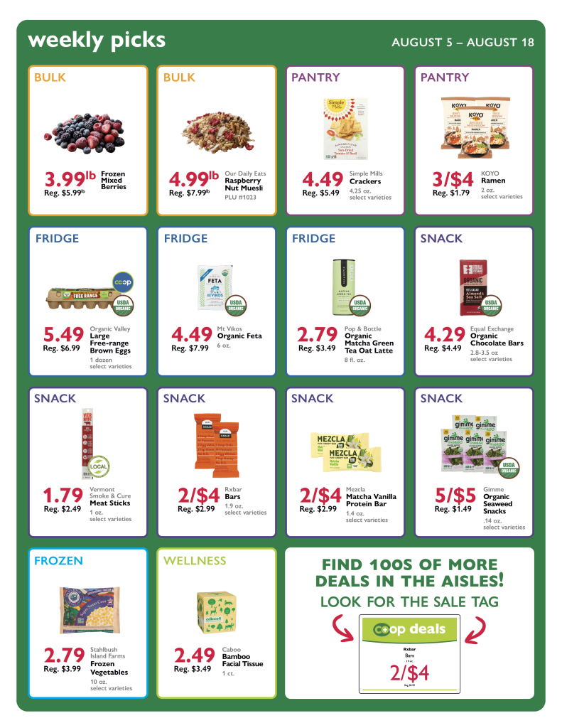 Middlebury Coop NCG co-op deals sale selects for the week of August 5 - 18, 2026