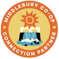 graphic logo featuring middlebury waterfall and bridge and sun