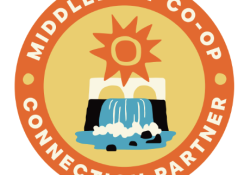 graphic logo featuring middlebury waterfall and bridge and sun