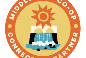 graphic logo featuring middlebury waterfall and bridge and sun